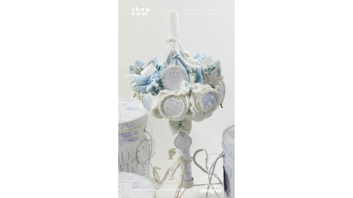 Lumânare botez băieți Blue Animals Safari Dream alb cu accente bleu și animale exotice 3